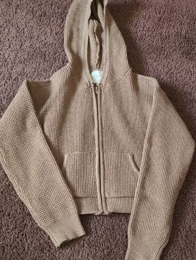 Kids Hooded Zip-Up Sweater in Light Tan